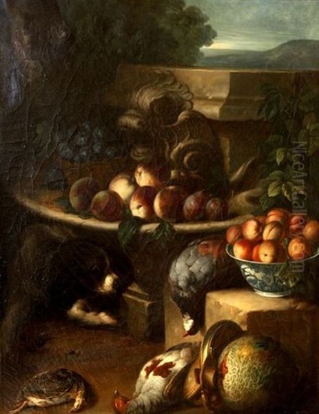 Nature Morte Aux Fruits Gibiers Et Chien A La Fontaine (after Desportes) by Ferdinand-Alexandre Bizard