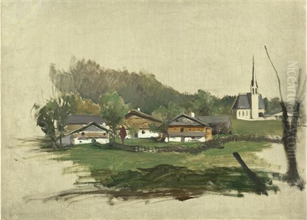 Landschaft Mit Kirche Und Bauernhausern Von Nauders In Tirol by Julius von Blaas