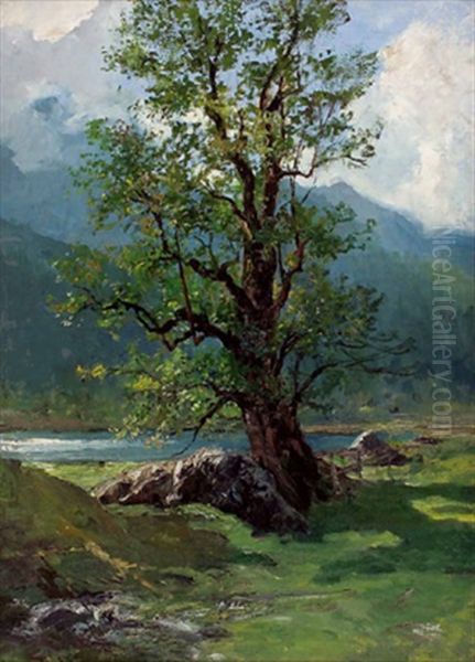 Seelandschaft Mit Grosem Baum by Julius von Blaas