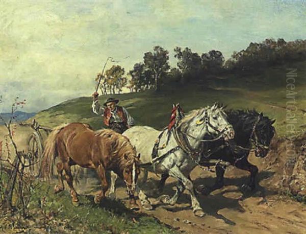 Rasantes Pferdegespann Mit Bauer Auf Dem Heimweg by Julius von Blaas