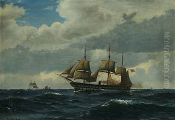 Seascape With The Frigate Sjaelland And Sailing Boats by Christian Blache