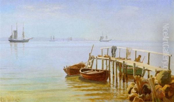 Sommerstemning Ved En Badebro, I Baggrunden Sejlskibe by Christian Blache