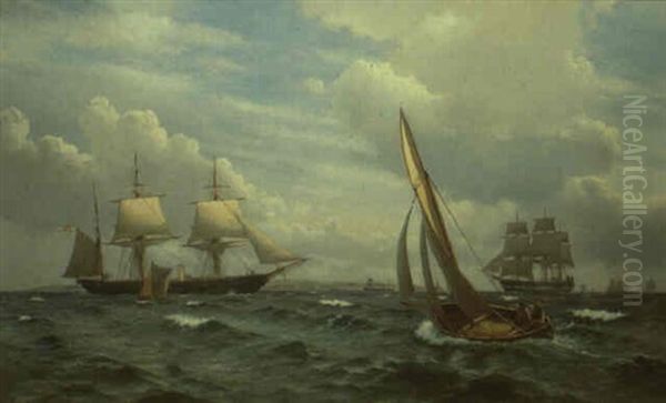 Danish Frigate And Other Shipping Off The White Cliffs by Christian Blache