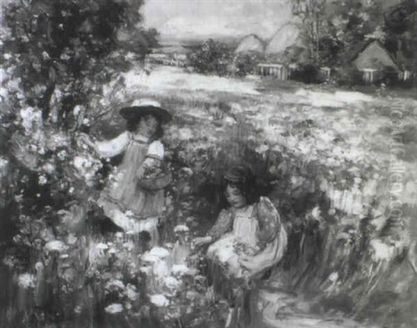 Young Girls Picking Flowers In A Meadow by Thomas Bromley Blacklock