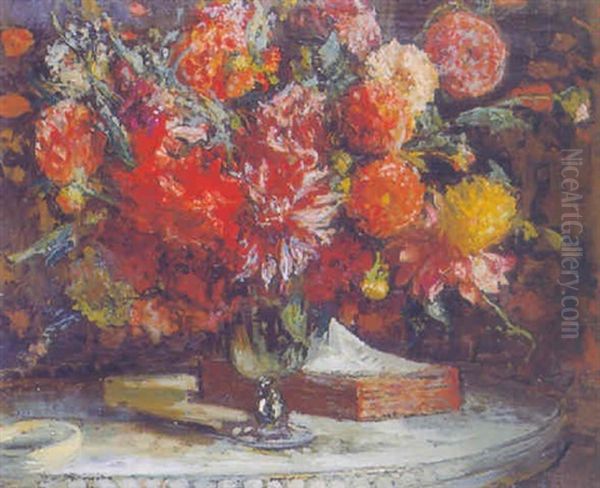 Fleurs Dans Un Vase Sur La Table Bouillotte by Jacques-Emile Blanche