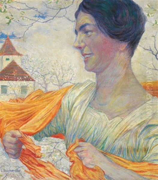 Bildnis Einer Frau Mit Orangem Tuch In Einer Fruhlingslandschaft by Leopold Blauensteiner