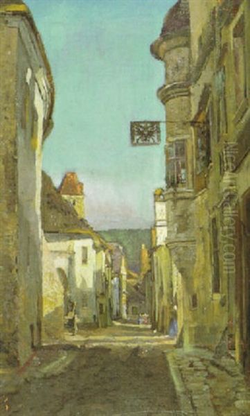 Durnstein An Der Donau: Blick In Eine Altstadtgasse In Halbschatten Und Sonnenlicht Und Mit Staffagefiguren by Tina Blau-Lang