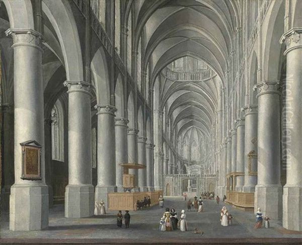 Interior Of A Protestant Church With Figures And A Dog by Daniel de Blieck