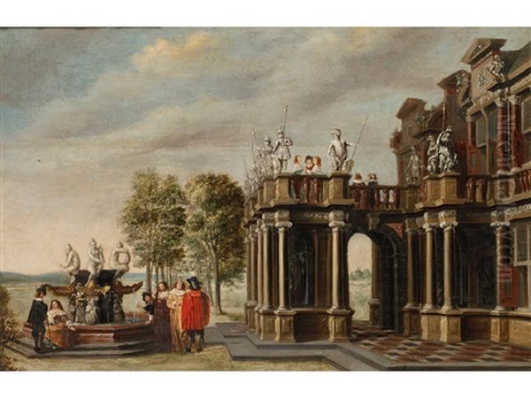 Figures Beside A Fountain Outside A Classical Building With Landscape Beyond by Daniel de Blieck