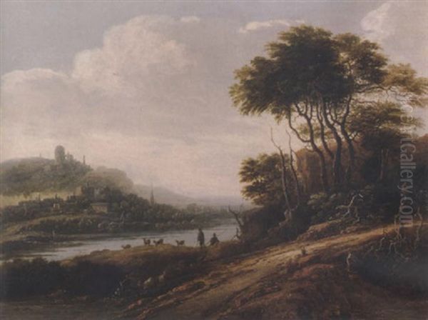 Flusslandschaft Mit Ziegen Und Hirten by Abraham Bloemaert