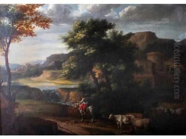 A Horsewoman Leading Cattle In An Italianate Landscape by Jan Frans van Bloemen