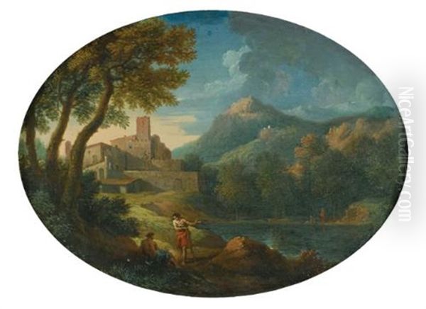 Personnages Au Bord D'un Lac by Jan Frans van Bloemen