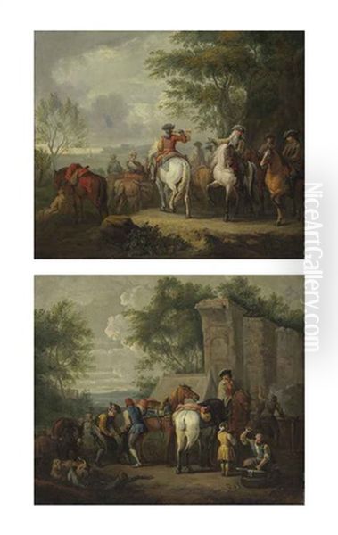 Cavaliers Setting Off On A Journey (+ A Military Blacksmith Shoeing Horses By A Ruin; Pair) by Pieter van Bloemen