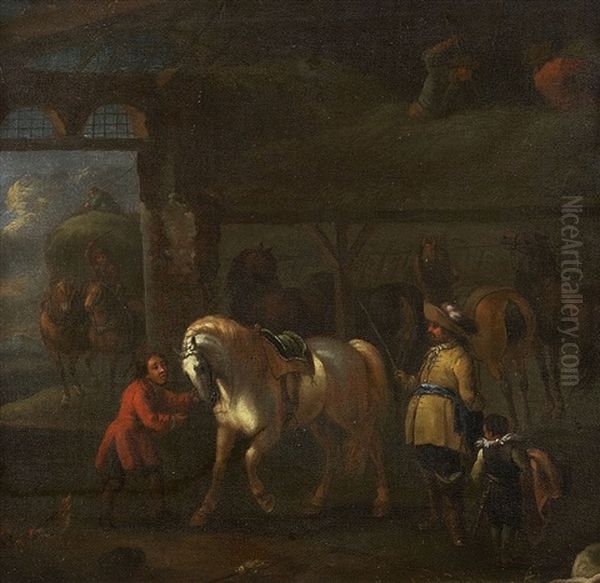 Stallinterieur Mit Vorfuhrung Eines Schimmels by Pieter van Bloemen