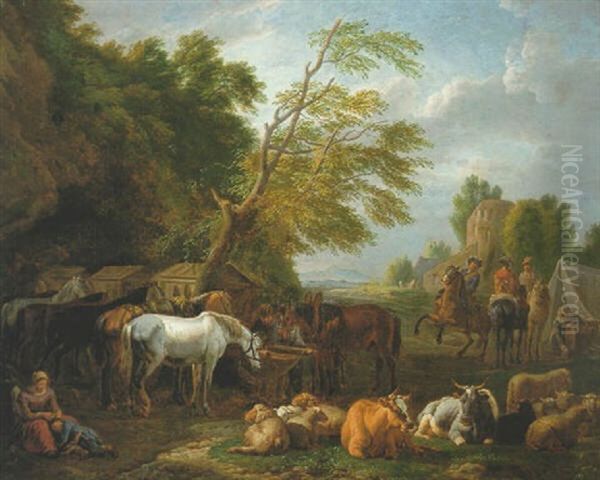 A Military Encampment In A Wooded Landscape With Sheep And Cattle Grazing, And Mounted Cavalry Behind by Pieter van Bloemen