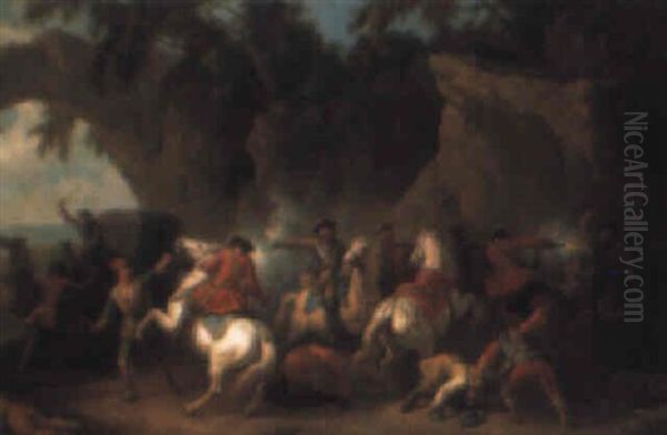 Bandits Attacking A Convoy In A Rocky Landscape by Pieter van Bloemen