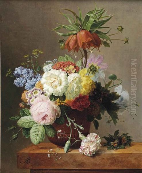 Red Fritillaries, Peonies, Convolvulus, Coleseed, Red Hydrangeas, Lilacs, Carnations And Other Flowers In A Terracotta, Together With Violets... by Arnoldus Bloemers