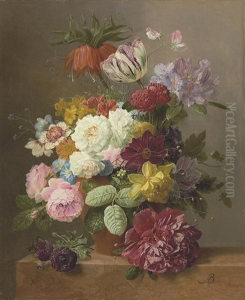 Roses, Peonies, Tulips, Narcissi, Convulvulus And Other Flowers In A Vase On A Marble Ledge by Arnoldus Bloemers