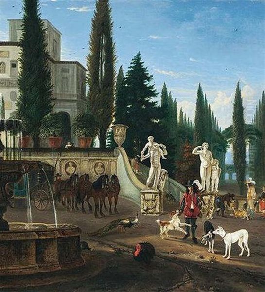 The Courtyard Of An Italianate Villa With A Hunting Party And A Coach by Jan Blom