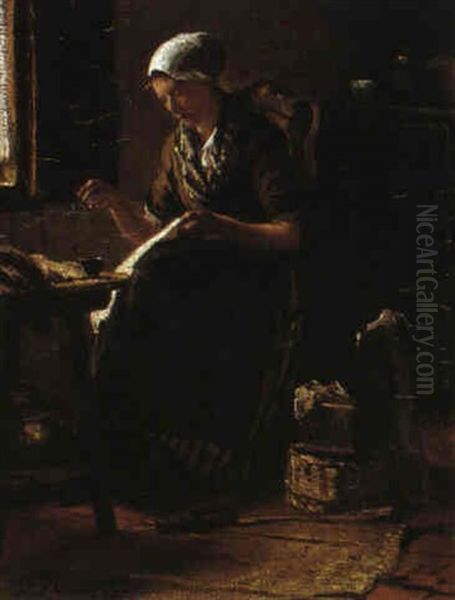 Peasant Sewing By A Window by Bernardus Johannes Blommers