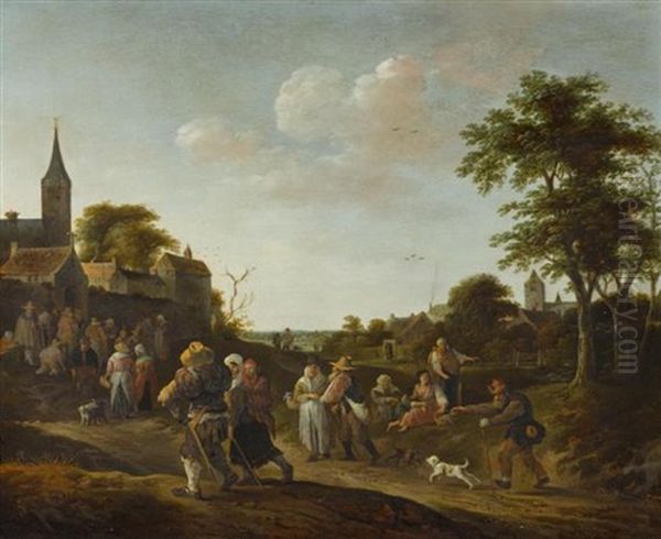 Dorfszene Mit Versammlung Vor Der Kirche by Pieter de Bloot