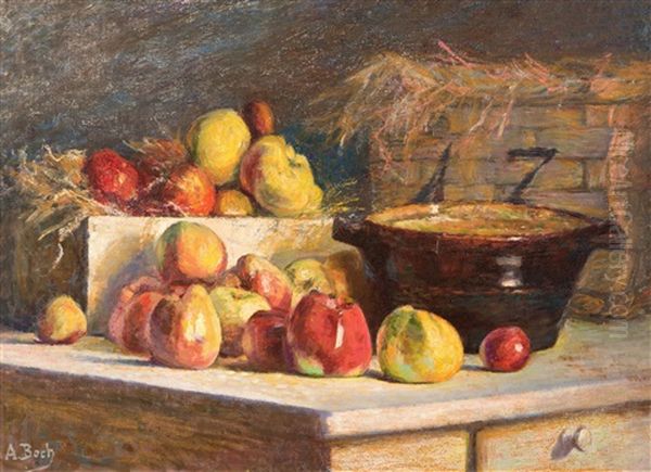 Still Life Apples, A Bowl And A Basket by Anna Boch