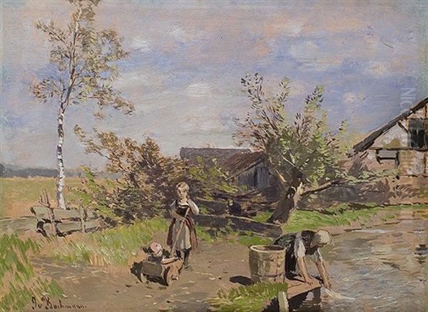 With The Children At The Pond by Gregor von Bochmann the Elder