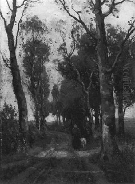 A Peasant Woman And A Goat On A Country Road With Birches by Theophile De Bock