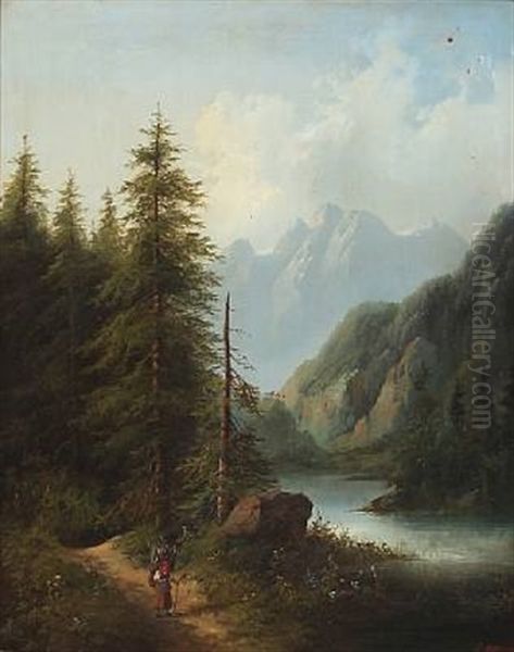 Mountainous Landscape With An Old Woman On A Path by Eduard Boehm