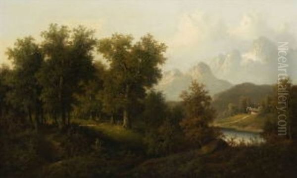 Waldlandschaft Mit Wanderer by Eduard Boehm