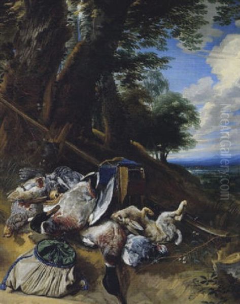 Jagdstilleben In Einer Bewaldeten Landschaft by Pieter Boel