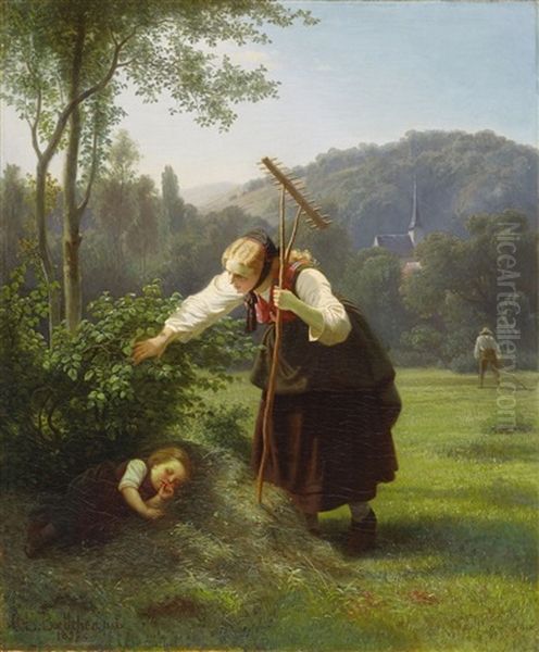 Junge Bauerin Bei Der Heuernte Mit Ihrem Schlafenden Kind by Christian Eduard Boettcher