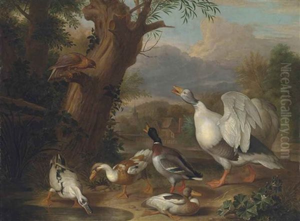 A Goose, Mallard And Ducks Before A Lake, With A Hawk Perched On A Tree Branch, A Village Beyond by Jakob Bogdani