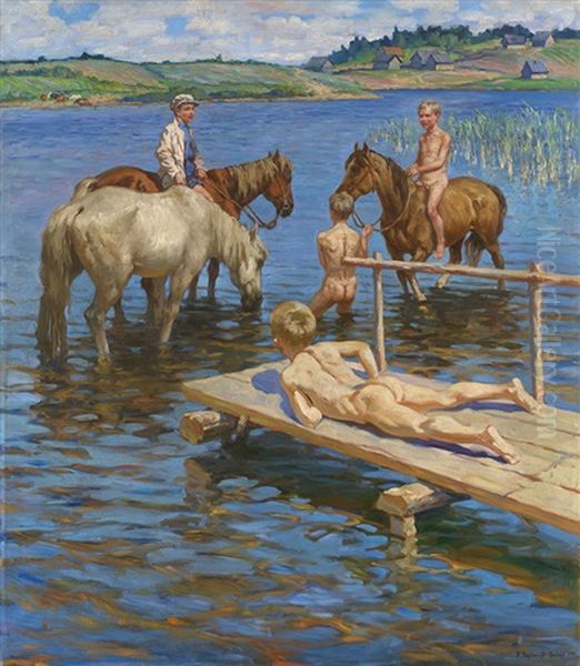 Bathing Horses by Nikolai Petrovich Bogdanov-Bel'sky