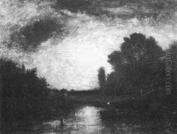 View Of Figure On A Pond At Sunset by George Henry Bogert