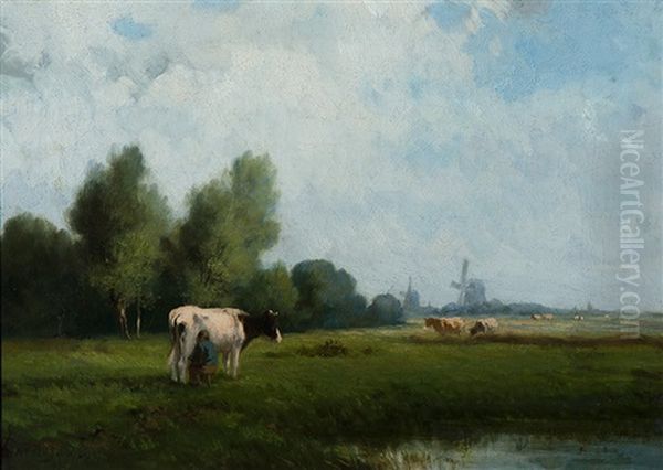 Milking Farmer In Meadow by Herman Bogman I