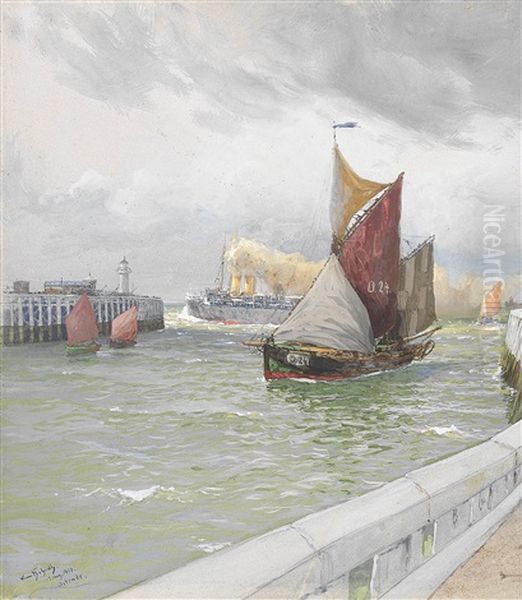 Dampfschiff Und Fischkutter Im Hafen Von Ostende by Hans (Johannes) Bohrdt