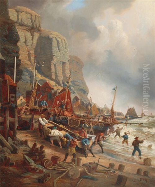 English Fisher-boats On The Shore Of Heligoland by Hans (Johannes) Bohrdt