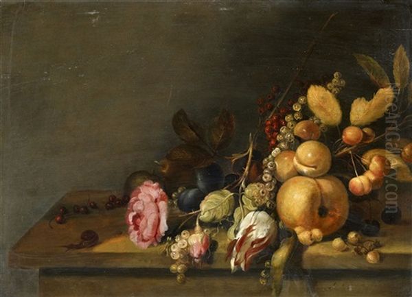 Stillleben Mit Rosen Und Fruchten Auf Einem Tisch by Hans Bollongier