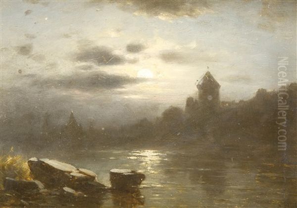 Gewasser Bei Vollmond Mit Stadtischer Silhouette by Carl Bolze