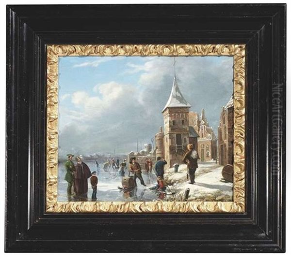 Winterliches Eisvergnugen In Einer Hollandischen Stadt by Elias Pieter van Bommel