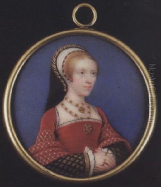 Elizabeth, Lady Audley Wearing Red Velvet Dress With Gold-figured Short Sleeves Adorned With Pearls, Black Sleeves Embroidered With Gold Diamonds, Headdress, Jewelled Necklaces And Brooch by Henry-Pierce Bone