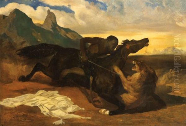 Combat Entre Un Cavalier Africain Et Un Felin (after Alfred De Dreux) by Isidore Jules Bonheur