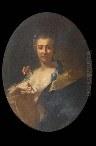 Portrait Of A Lady, In A White Dress With A Blue And Gold Wrap And Blue Ribbons In Her Hair, Holding A Flower by Giuseppe Bonito