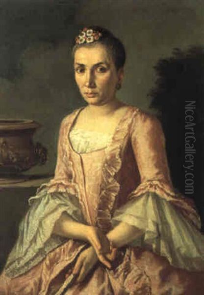 Ritratto Di Dama In Abito Rosa Da Casa, En Plein Air by Giuseppe Bonito