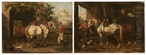 Two Works Of Stable Scenes With Horses And Stable Boys by Willem Jacobus Boogaard