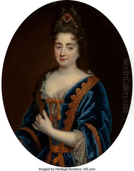 A Portrait Of A Lady, Half-length, Wearing A Blue Dress Trimmed With by Arnold Boonen