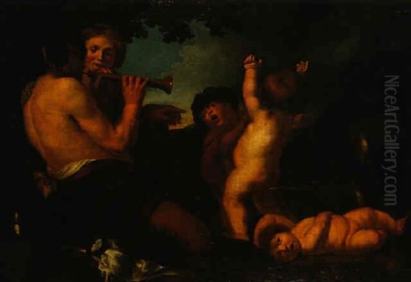 Satyre Et Putti Dans Un Paysage by Paulus Bor