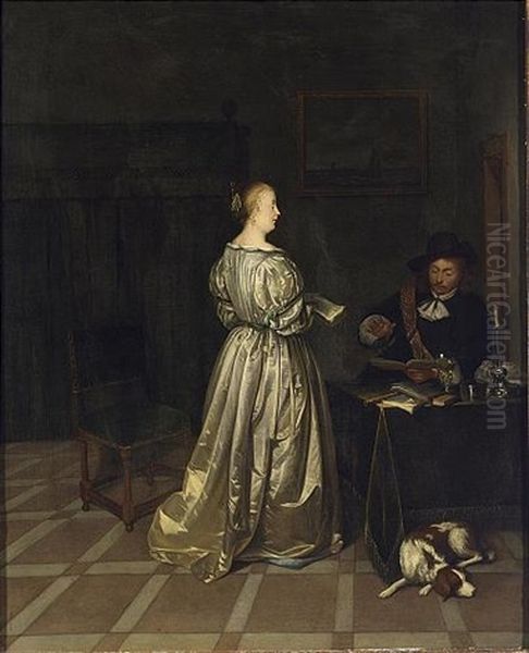 An Interior With A Lady Taking Singing Lessons From A Gentleman, A Sleeping Dog In The Foreground by Gerard ter Borch the Younger