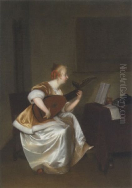 Woman Playing A Lute by Gerard ter Borch the Younger